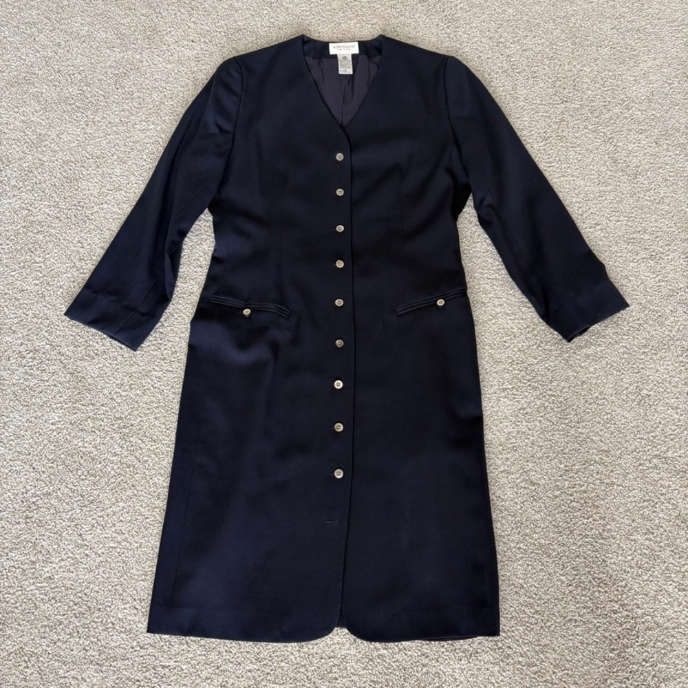 Vintage Nordstrom Point of View Wool Dress Womens 8 Navy‎ Blue Midi Button Front